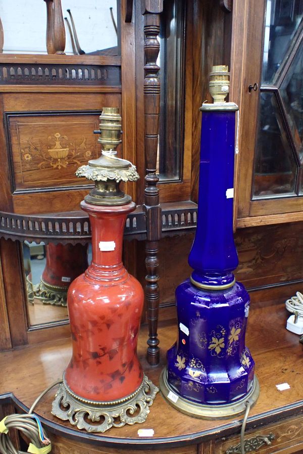 TWO VICTORIAN COLOURED GLASS TABLE LAMP BASES