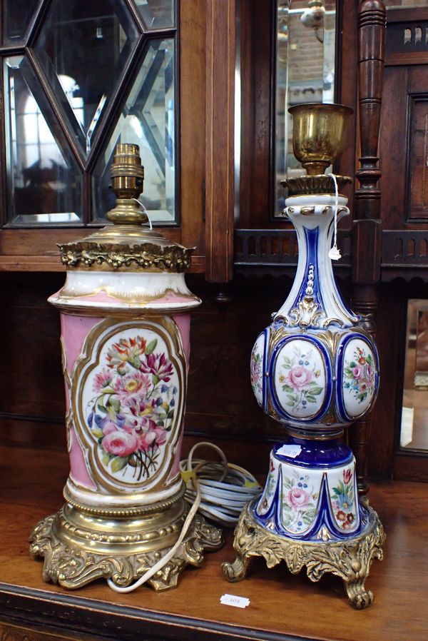 TWO VICTORIAN CERAMIC AND GILT TABLE LAMP BASES