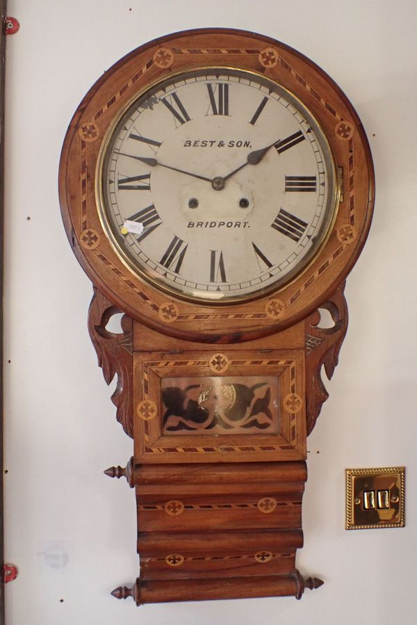 AN AMERICAN MARQUETRY CASED DROP DIAL CLOCK; 'BEST & SON BRIDPORT'