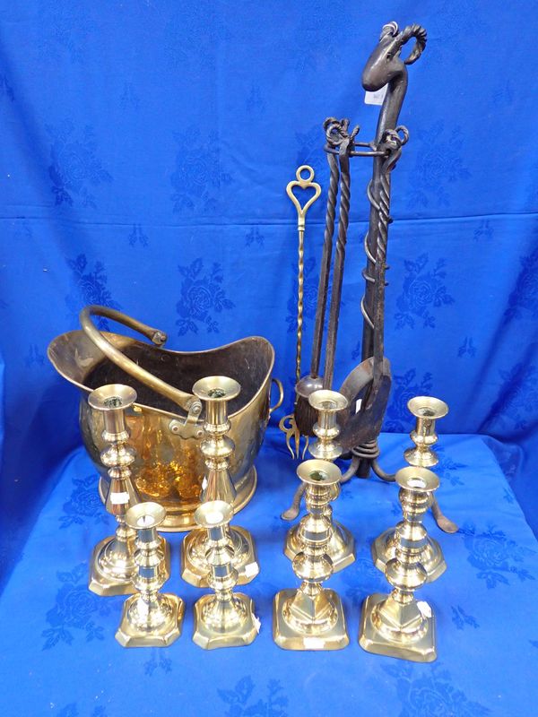 FOUR PAIRS OF VICTORIAN BRASS CANDLESTICKS