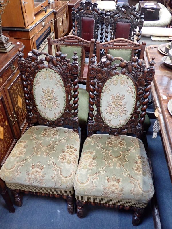 A SET OF FOUR VICTORIAN CARVED OAK DINING CHAIRS, A SIMILAR SET OF SIX