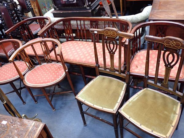 AN  EDWARDIAN  STAINED BEECH THREE-PIECE PARLOUR SUITE
