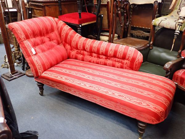 A VICTORIAN CHAISE LONGUE, WITH STRIPED UPHOLSTERY
