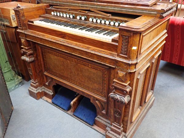 A FRENCH BURR WALNUT AND MARQUETRY CASED ORGAN