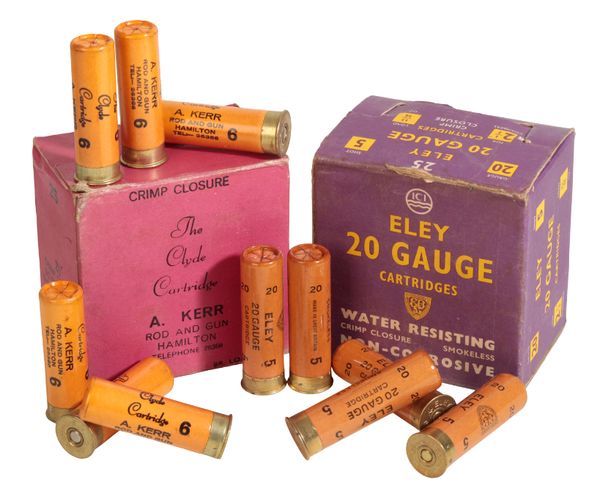 A BOX OF 25 ELEY 20 GAUGE PAPER CARTRIDGES;