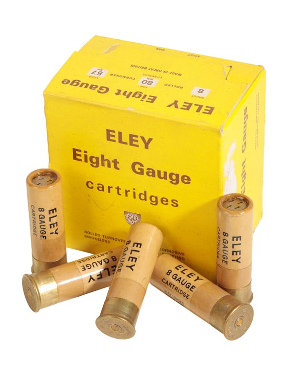 A BOX OF 25 ELEY 8 GAUGE PAPER CARTRIDGES