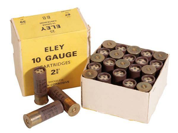 A BOX OF 25 ELEY 10 GAUGE CARTRIDGES