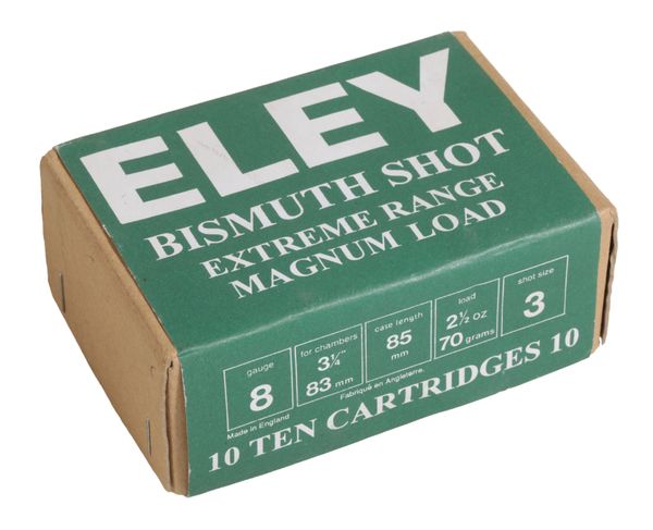 A BOX OF 10 ELEY BUSINESS SHOT EXTREME RANGE MAGNUM LOAD 8 BORE CARTRIDGES