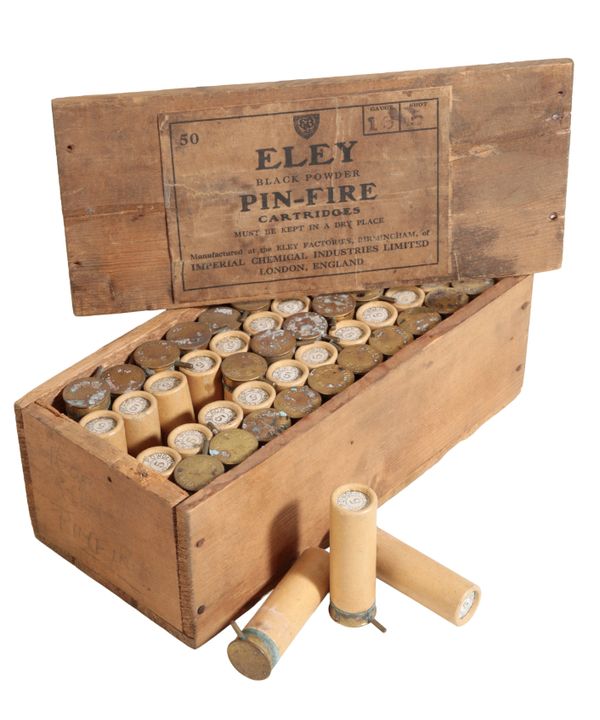 ELEY: A BOX OF FIFTY BLACK POWDER PIN-FIRE 16 BORE CARTRIDGES