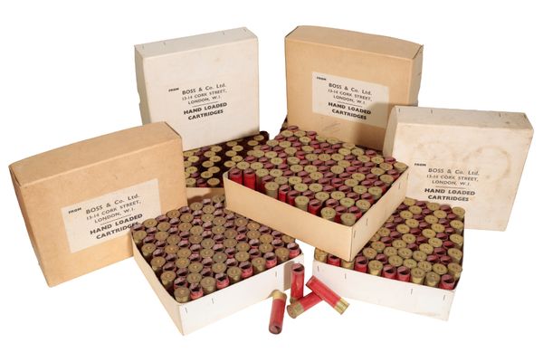 BOSS & CO. LTD: FIVE BOXES OF  HAND-LOADED 12 GAUGE CARTRIDGES