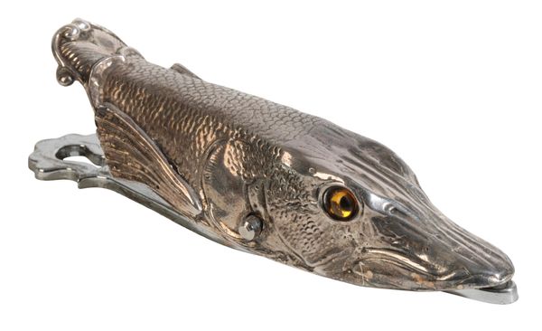 A SILVER PLATED PAPER CLIP IN THE FORM OF A PIKE'S HEAD