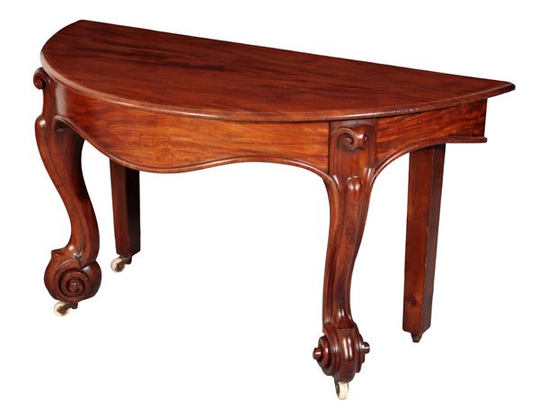 A VICTORIAN MAHOGANY DEMI LUNE CONSOLE TABLE