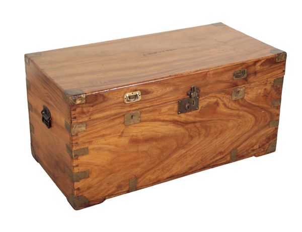 A CAMPHOR WOOD AND BRASS BOUND CAMPAIGN CHEST