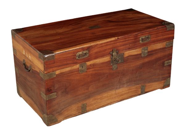 A CAMPHOR WOOD AND BRASS BOUND CAMPAIGN CHEST