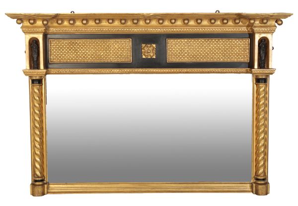 A REGENCY GILTWOOD AND EBONISED OVERMANTEL PIER MIRROR