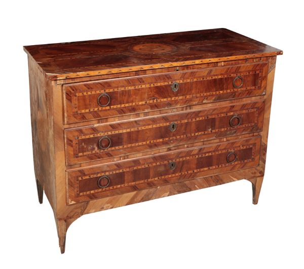 A NORTH ITALIAN WALNUT AND MARQUETRY COMMODE