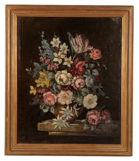 FRENCH SCHOOL, A still life flowers on a stone ledge,