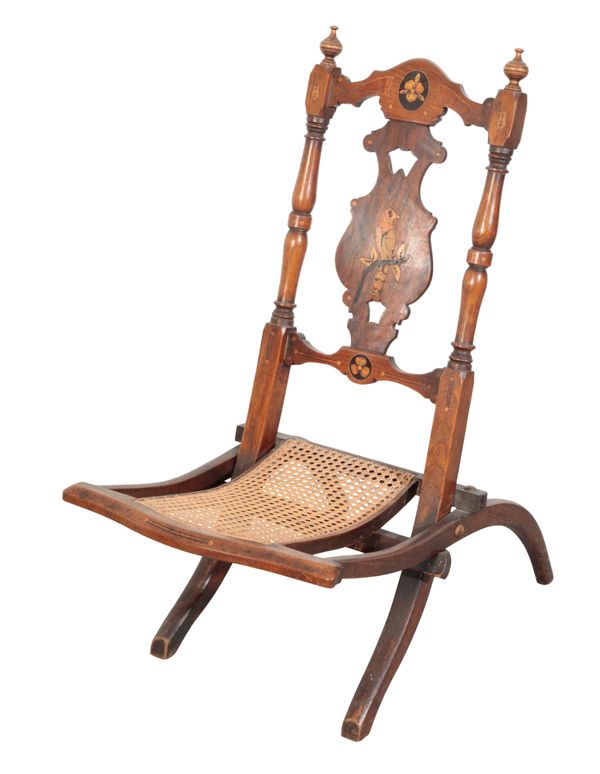 A VICTORIAN WALNUT AND MARQUETRY FOLDING CHAIR