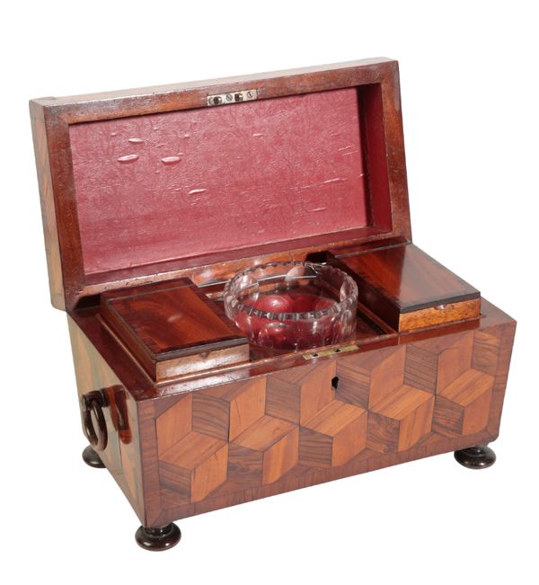 A GEORGE IV ROSEWOOD AND PARQUETRY TEA CADDY