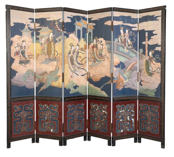 A CHINESE SIX PANEL POLYCHROME AND PARCEL-GILT FOLDING SCREEN