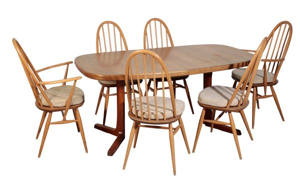 A SUITE OF EIGHT ERCOL DINING CHAIRS AND AN ERCOL DINING TABLE