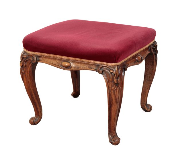 A VICTORIAN CARVED MAHOGANY FRAMED UPHOLSTERED STOOL