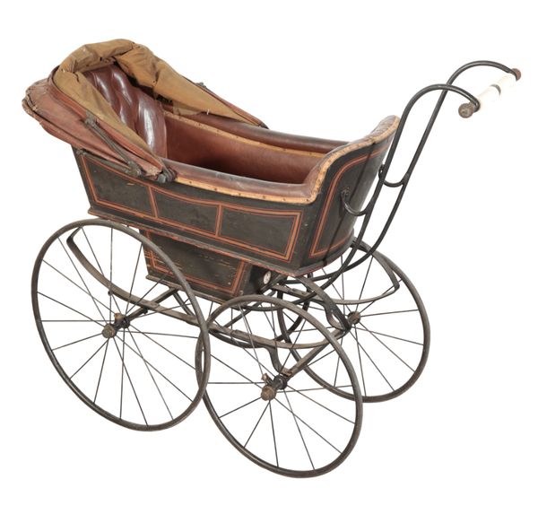 A VICTORIAN LEATHER AND CAST-IRON CHILD'S PRAM