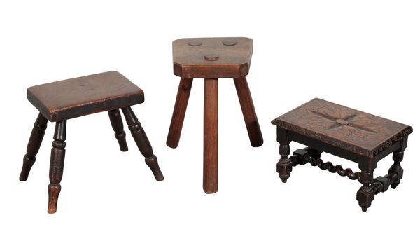 A VICTORIAN OAK THREE-LEGGED MILK STOOL