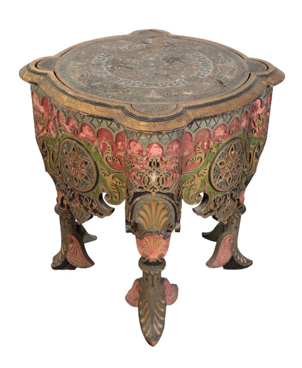 AN INDIAN PARCEL-GILT AND POLYCHROME OCCASIONAL TABLE