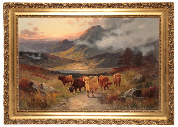 WILLIAM LANGLEY (fl.1880-1920) A pair of studies of Highland Cattle in expansive landscapes