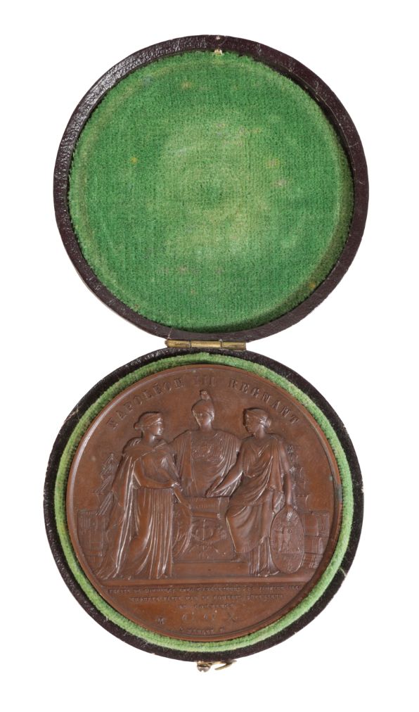 A 19TH CENTURY BRONZE MEDAL OF NAPOLEAN III