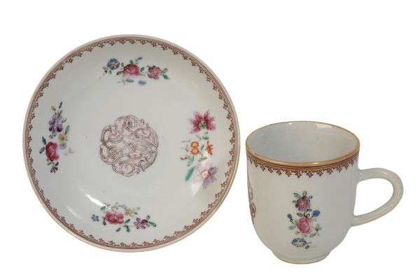 A CHINESE EXPORT ARMORIAL COFFEE CUP AND SAUCER