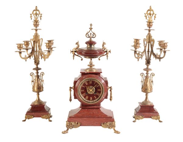 A FRENCH MARBLE & BRASS CLOCK GARNITURE