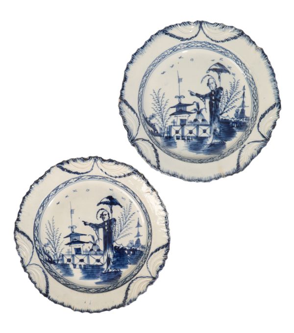 A PAIR OF 18TH CENTURY CREAMWARE BLUE AND WHITE PLATES