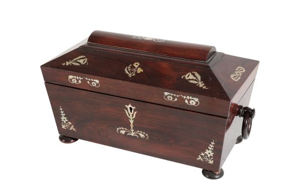 A VICTORIAN ROSEWOOD AND MOTHER OF PEARL TEA CADDY