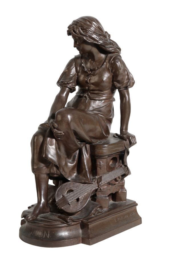 A BRONZE FIGURE OF "A SEATED FEMALE FIGURE WITH A MANDOLIN AT HER FEET"