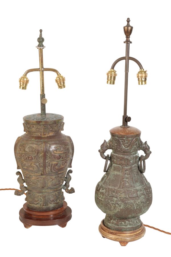 TWO CHINESE BRONZE VASE LAMPS