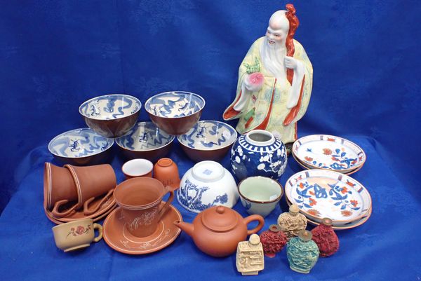 A CHINESE PRUNUS GINGER JAR, REDWARE, BLUE AND WHITE BOWLS