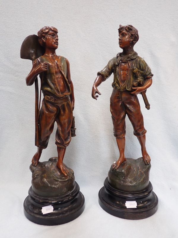 PAIR OF PATINATED SPELTER FIGUES DEPICTING THE SCHOLAR AND THE LABOURER