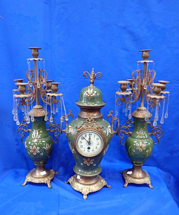 AN EARLY 19th CENTURY  CLOCK AND CANDELABRA GARNITURE