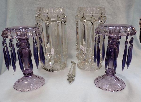 A PAIR OF VICTORIAN CLEAR CUT GLASS TABLE LUSTRES