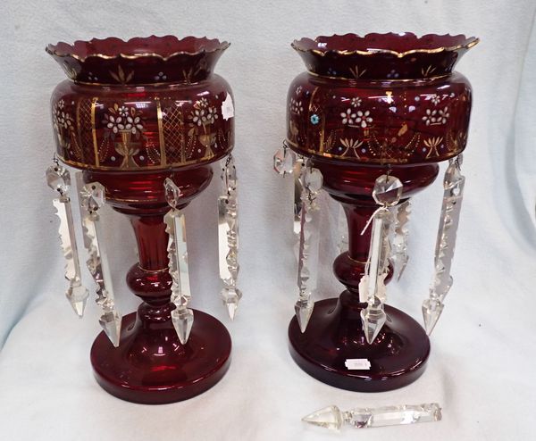 A PAIR OF ENAMELLED AND GILDED RUBY GLASS LUSTRES