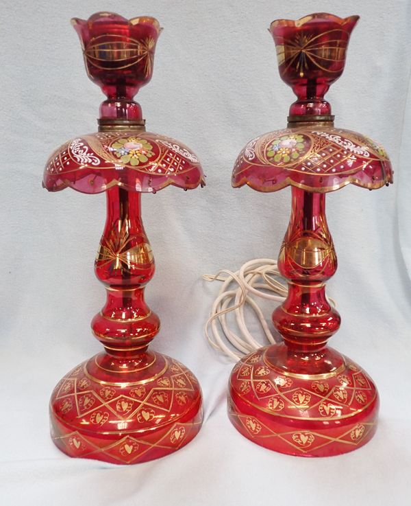 PAIR OF FORMER LUSTRES CONVERTED TO LAMPS