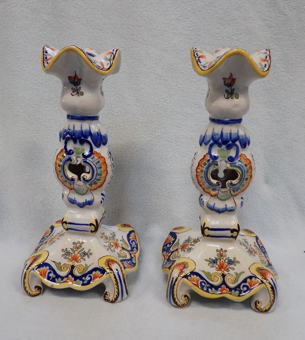 PAIR OF FRENCH FAIENCE CANDLESTICKS