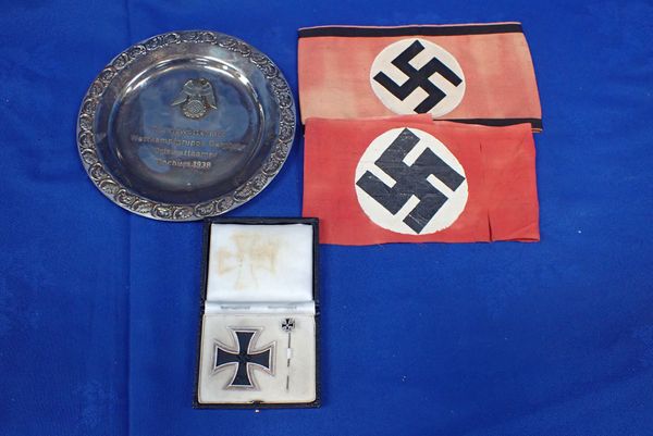 A BOXED IRON CROSS,  WITH PIN, TWO NAZI STYLE ARMBANDS