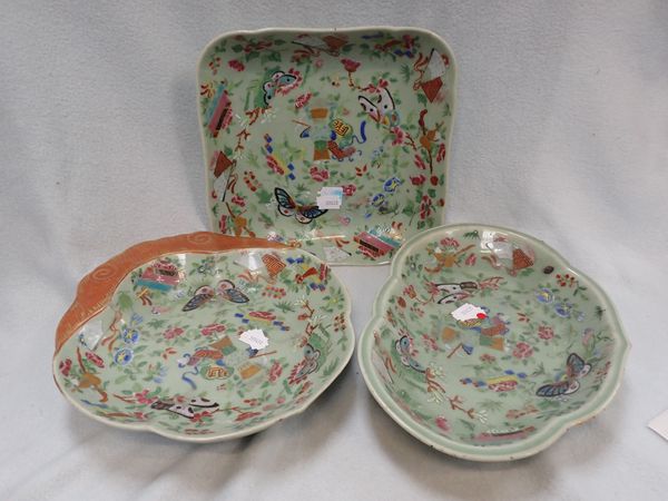 THREE CHINESE EXPORT CELADON GROUND DISHES