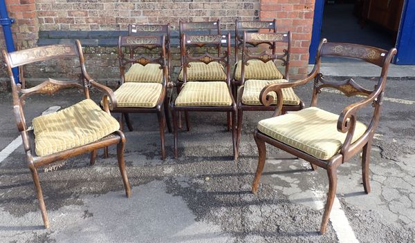 A MATCHED SET OF REGENCY SIMULATED ROSEWOOD AND BRASS INLAID DINING CHAIRS