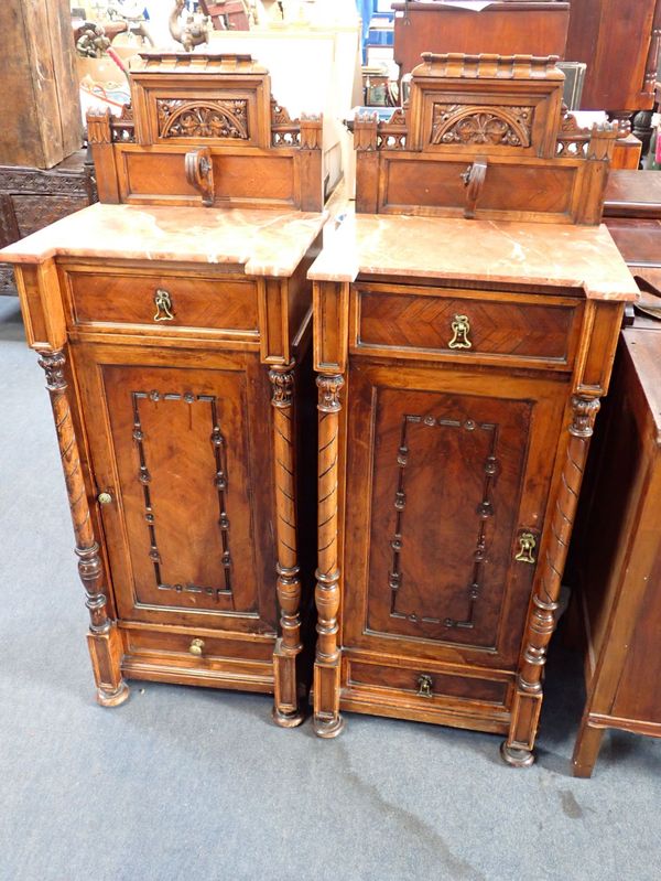 A PAIR OF LATE 19TH CENTURY FRENCH MARBLE TOPPED TALL BEDSIDE CUPBOARDS