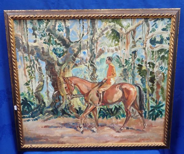 STANLEY JACKSON, MAN RIDING HORSE THROUGH A FOREST, OIL ON CANVAS