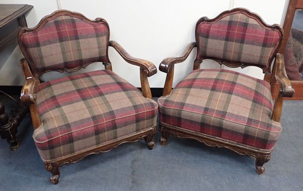 A PAIR OF FRENCH STAINED BEECH FRAMED ARMCHAIRS